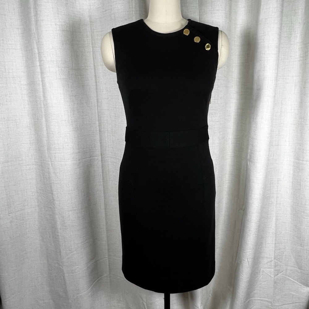 Tory Burch Black Cotton Blend Pencil Dress‎ Sleeveless Gold Buttons Size 4